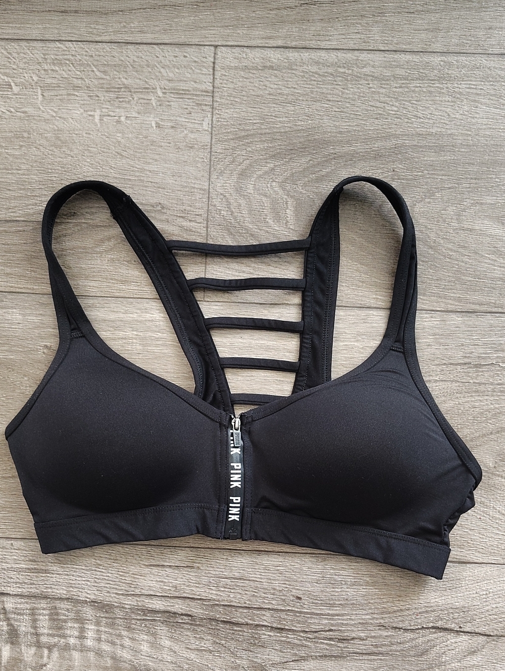 PINK Victoria's Secret Ultimate Black Front-Zip Strappy Back Sports Bra